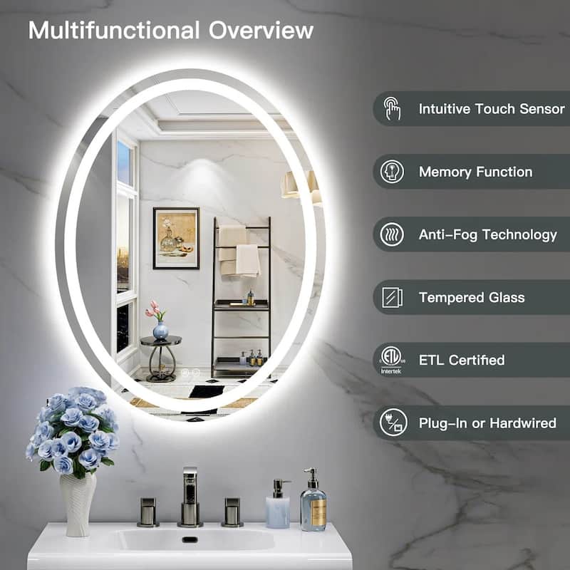 Full Size Oval Front & Back LED Lighted Anti-fog Tempered Glass Wall Bathroom Vanity Mirror