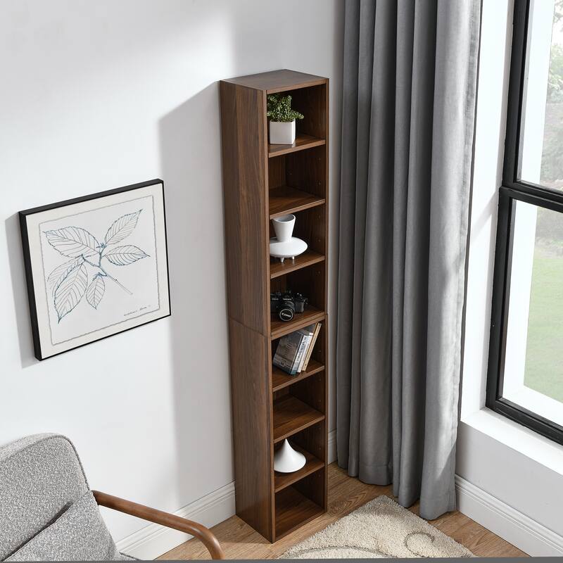 Roomfitters 8-Tier Tall Narrow Bookcase with Adjustable Shelves, Slim Storage Tower for Books, CDs, DVDs, and Décor