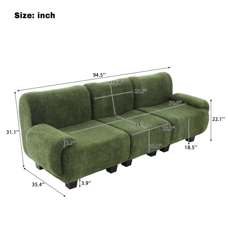 3-Seater Sofa Chenille Upholstered Couch Fully Compressed Design Sofa with Arc-shaped Armrests for Living Room, Apartment
