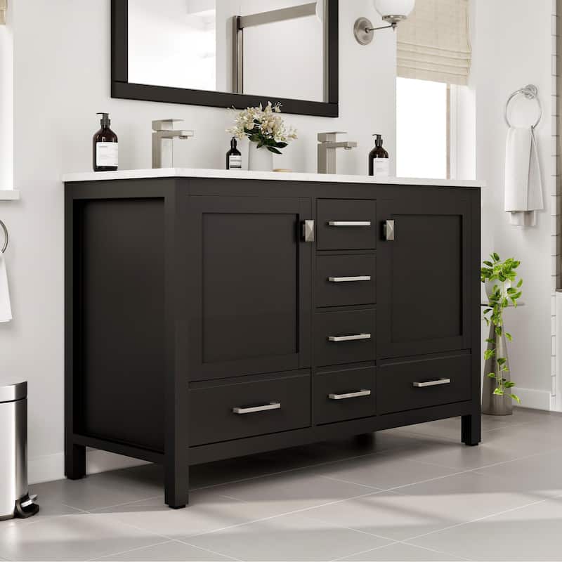 Eviva London 48"W x 18"D Espresso Double Sink Bathroom Vanity with White Carrara Quartz Vanity Top - 48"
