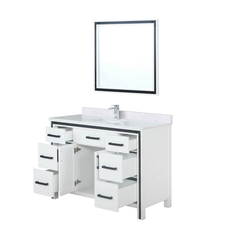 Ziva 48 in W x 22 in D White Bath Vanity, White Quartz Top, Faucet Set and 34 in Mirror