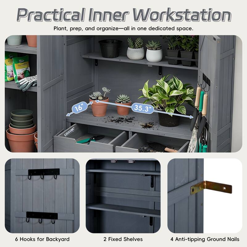 72" Large Patio Garden Shed with Waterproof Roof, Outdoor Storage Cabinet with Workstation & Hooks