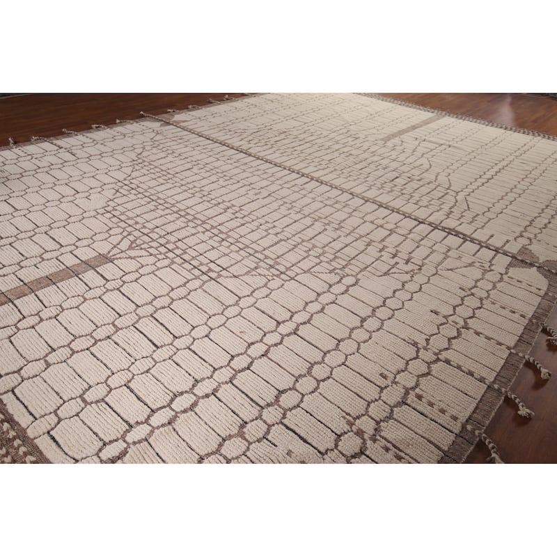 Ivory Large Moroccan Oriental Area Rug Handmade Wool Carpet - 12'2"x 16'9"
