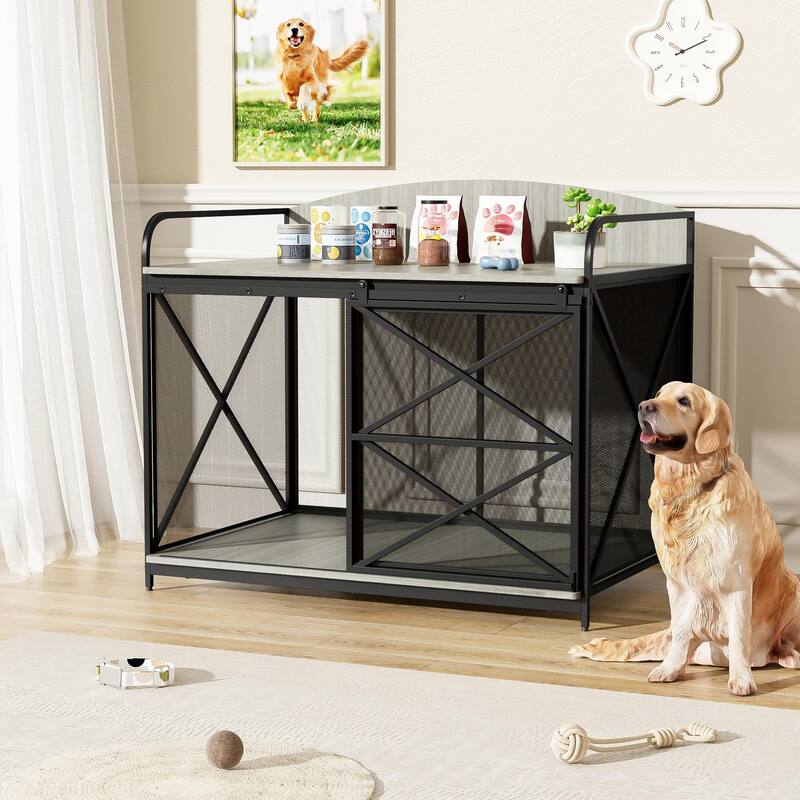 Wood Large Dog Crate Furniture with Curved Back Panel and Sliding Door, Dog Kennel Indoor End Table, Decorative Pet House