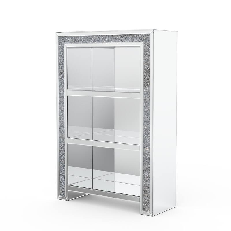 HomeRoots 47" Silver And Clear Mirrored Glass And Faux Crystal Bling Accent Cabinet
