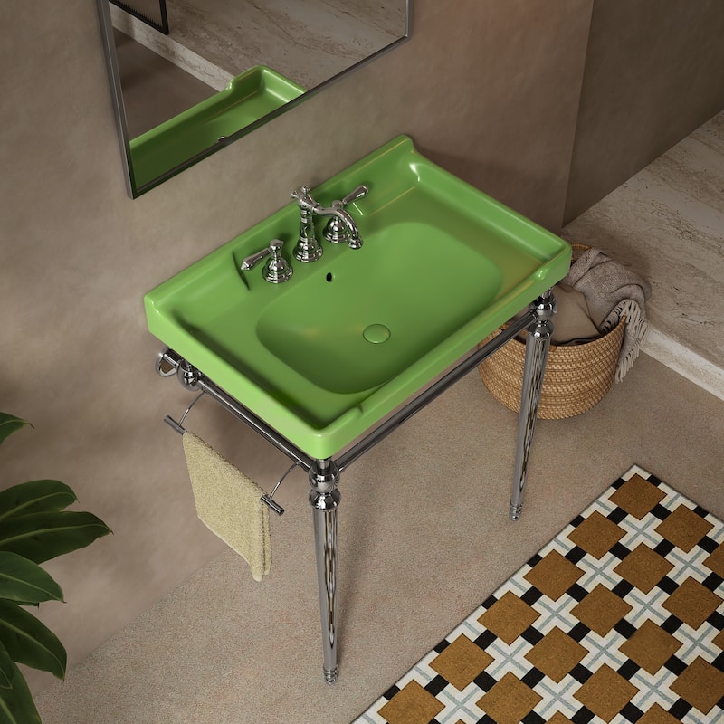 28" Wall-Mounted Console Sink: Ceramic Vanity Basin with Steel Legs & Towel Bar (No Faucet) - Chrome+Green