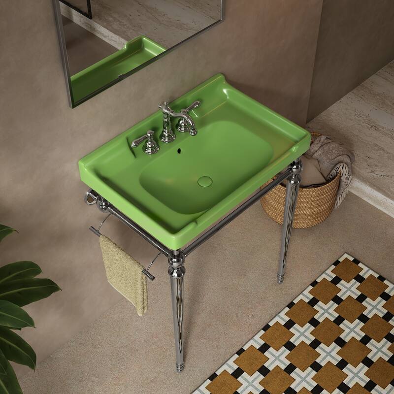 28" Wall-Mounted Console Sink with Ceramic Basin, Stainless Steel Legs & Towel Bar