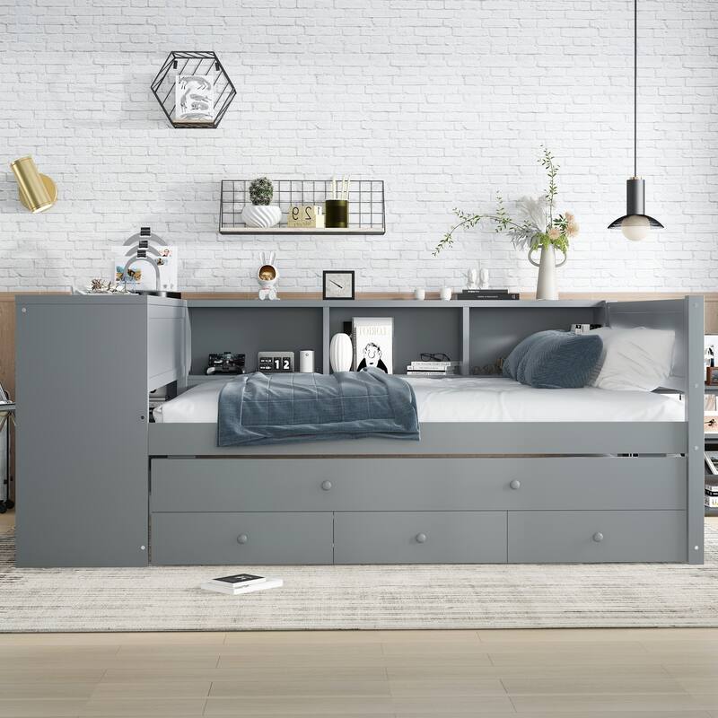 Full Size Wood Daybed with Trundle, Storage Drawers, Side Shelves, and Desk, Gray