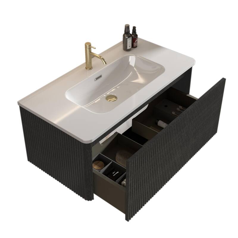 GDFStudio - Etna Floating Bathroom Vanity with Integrated Ceramic Sink, Modern Handle-Free Wall-Mounted Design, Pre-Assembled
