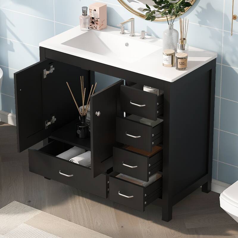 36 inch Solid Wood and MDF Freestanding Bathroom Vanity Set with Ceramic Sink 5 Drawers and Soft-Close