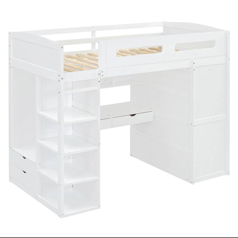 Twin Size Loft Bed with Desk, Wardrobes, 4 Drawers and 4 Shelves