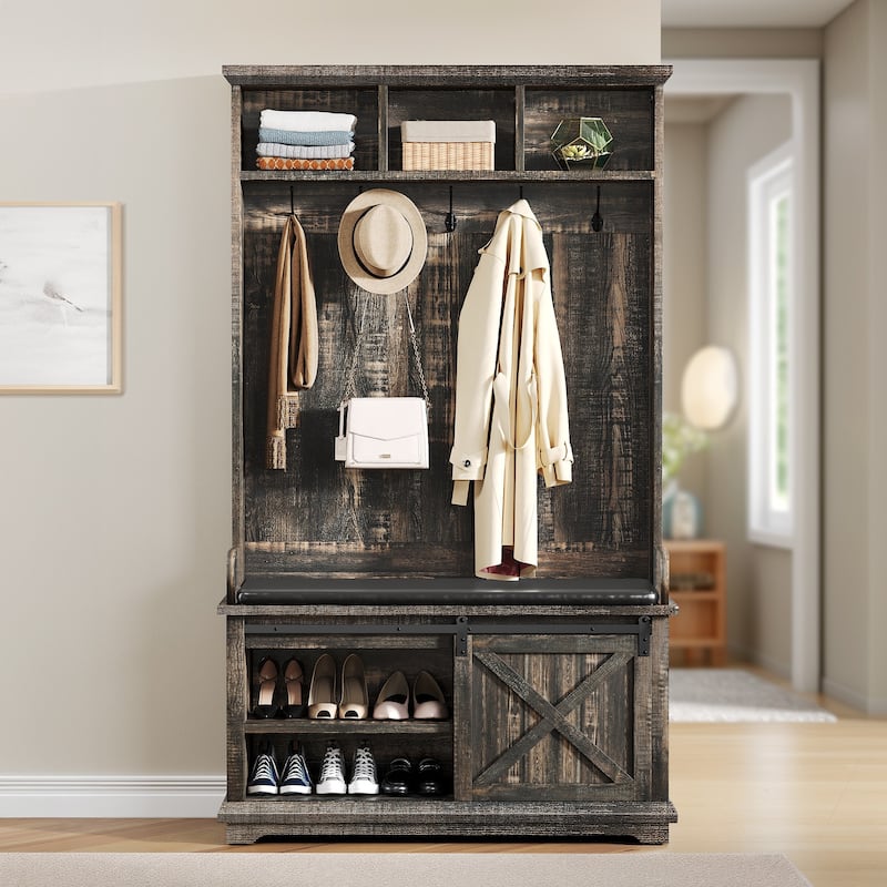 Moasis Farmhouse Hall Tree with Bench and Shoe Storage with 10 Hooks for Entryway