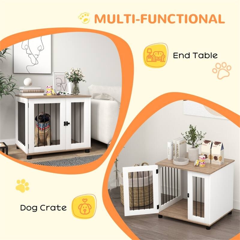 Walnut Brown and White Dog Crate with Front Door Adjustable Feet Woodgrain Finish Side Table Function