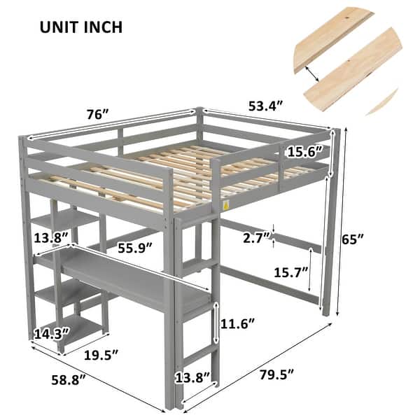 dimension image slide 5 of 6, Pine Wood Loft Bed Frame with Built-in Desk, Kids Bed with Ladder & Guard Rails for Kids and Teens