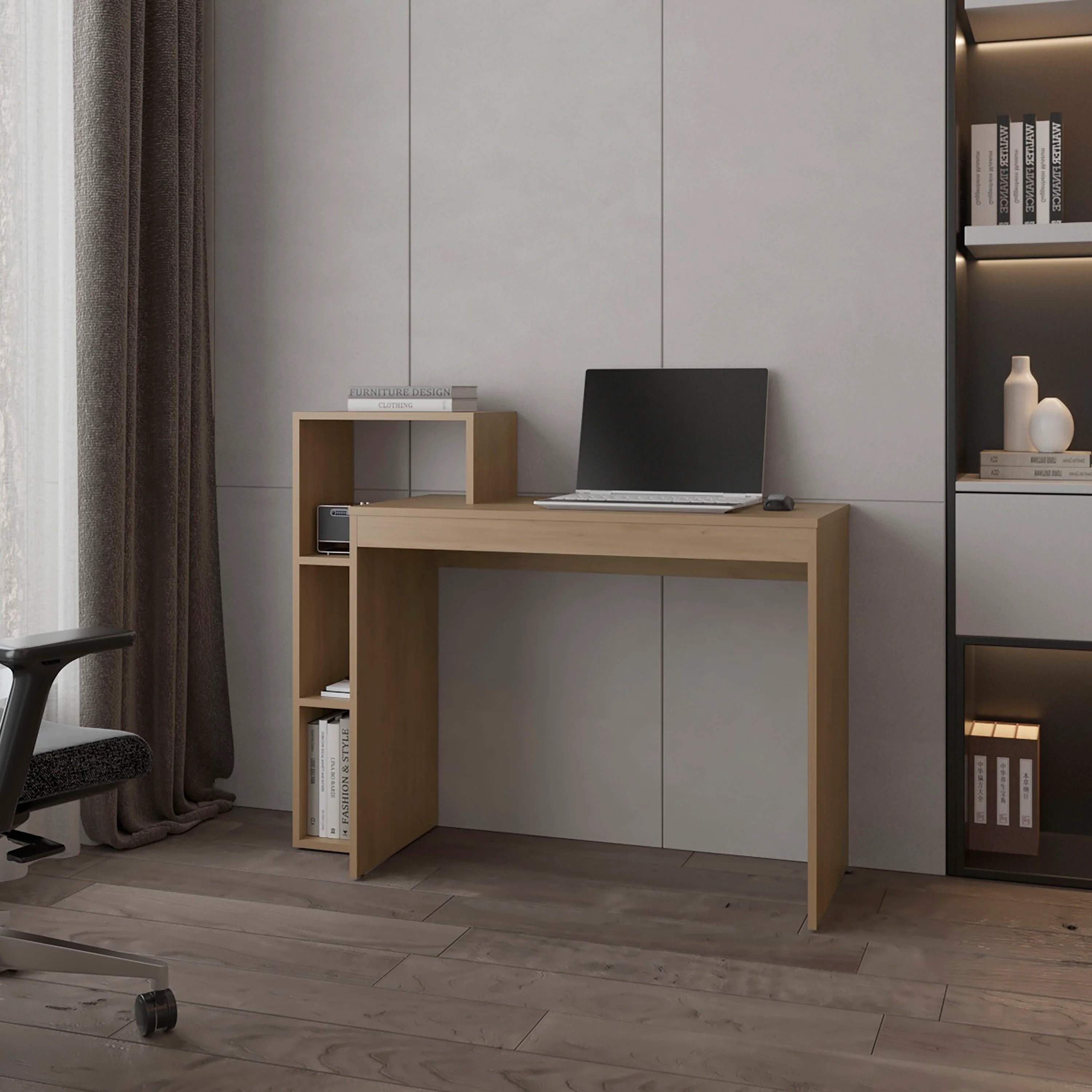 Modern Freestanding Natural Oak Computer Desk with Open Storage, 35.4
