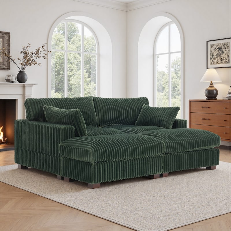 Modern Oversized Plush Corduroy Modular Sectional Sofa with 2 Ottomans - Green-4 Pieces - Symmetrical