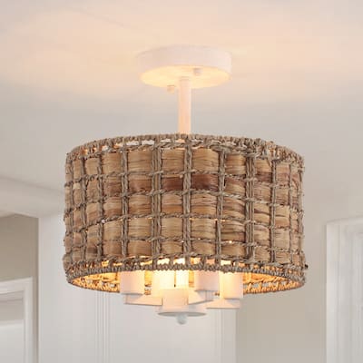 4-Light Classic Candlestick Hanging Semi Flush Mount Ceiling Lighting Chandelier with Rattan Shade for Dining Room
