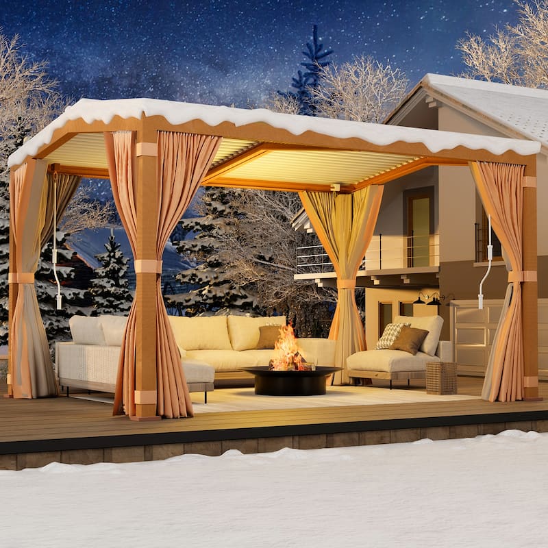 EROMMY Outdoor Louvered Pergola Gazebo with Adjustable Aluminum Rainproof Roof and Pull-Down Screen - 11'x13' A Shape - Wood (Normal curtains)