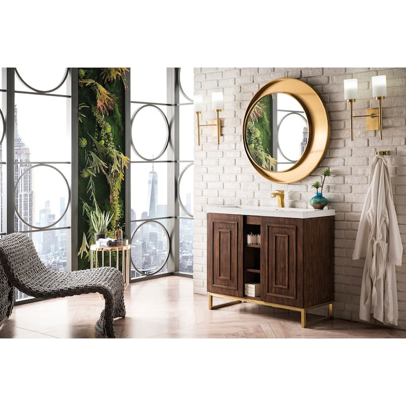 James Martin Vanities Alicante 39.5" Single Vanity Cabinet, Mid Century Acaia, w/ White Glossy Composite Stone Countertop