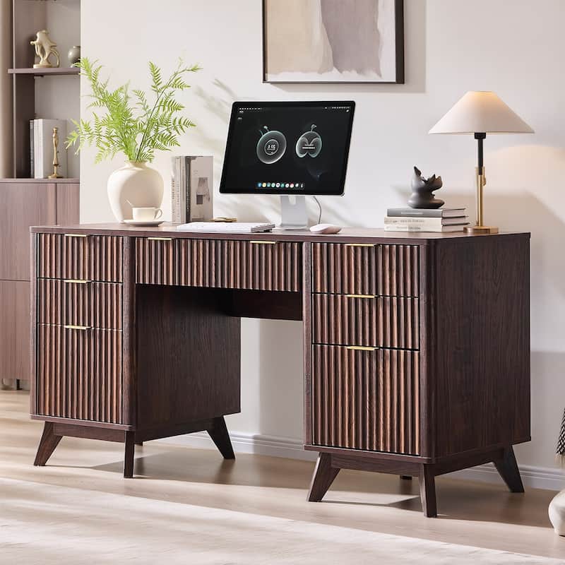 Modern Executive Desk with Charging Station, Home Office Computer Desk - Walnut