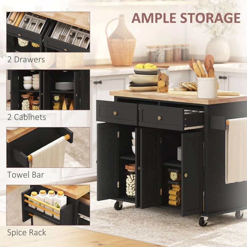 Modern Rolling Kitchen Island Cart with Spice Rack