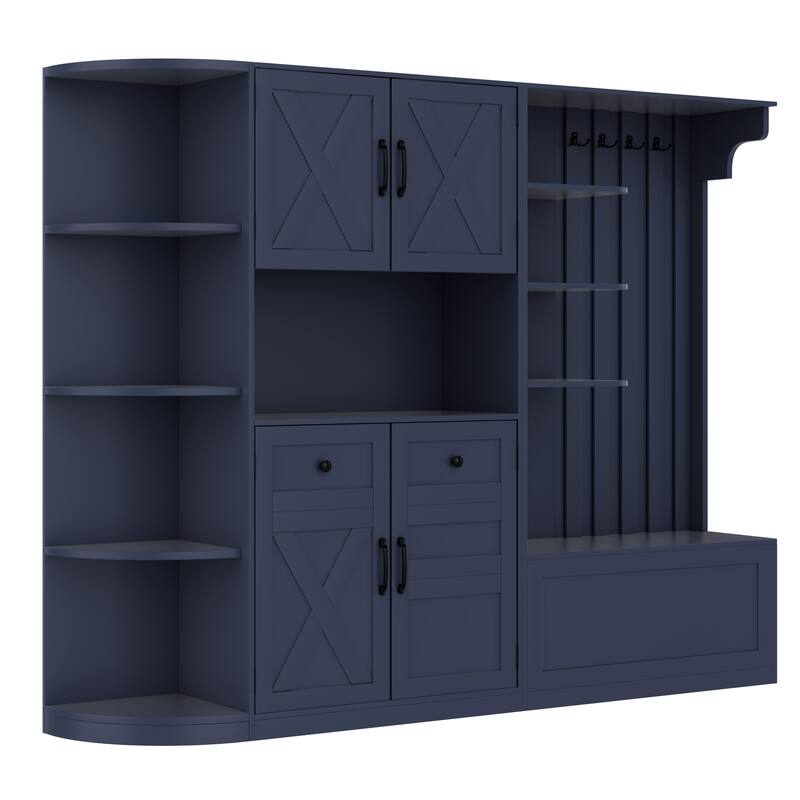 Multifunctional Left-Right Combination Hall Cabinet With Storage And 4 Hooks, Storage Cabinet/ Hall Tree 2 In 1