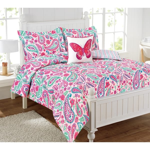 slide 2 of 8, Watercolor Flutter Pink Floral Comforter Set With Butterfly Throw Pillow