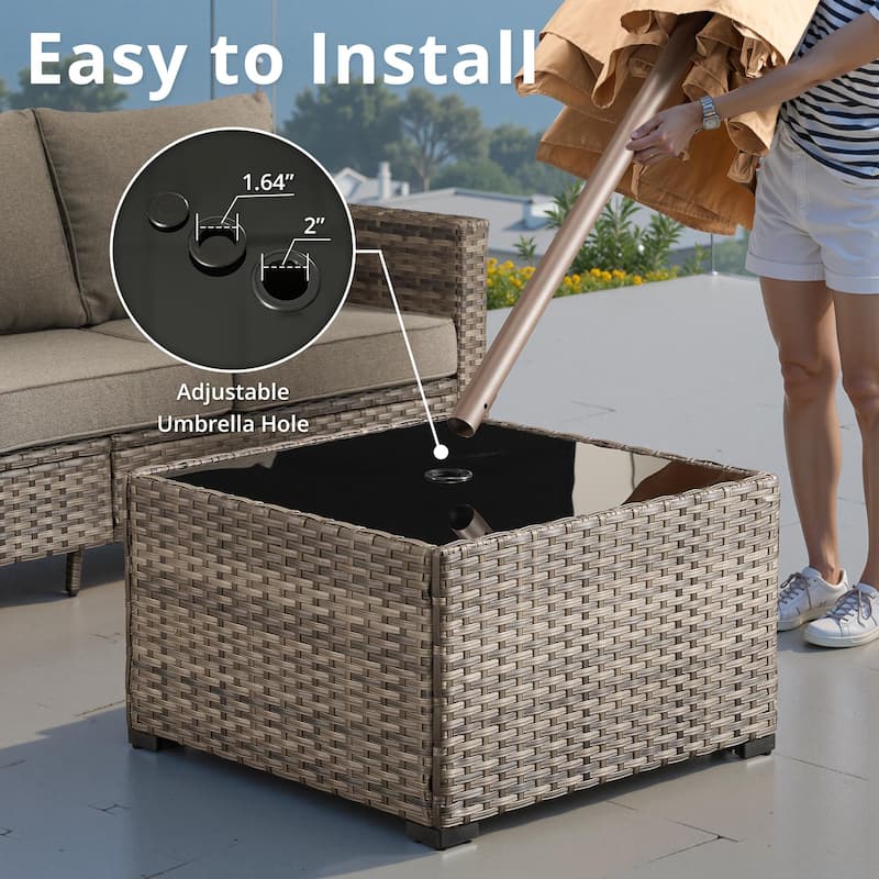 HOOOWOOO Wicker Rattan Patio Square Coffee Table with Umbrella Hole