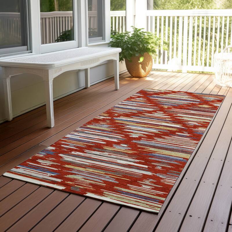 Machine Washable Indoor/ Outdoor Modern Trellis Chantille Rug - Red - 2'3" x 7'6"