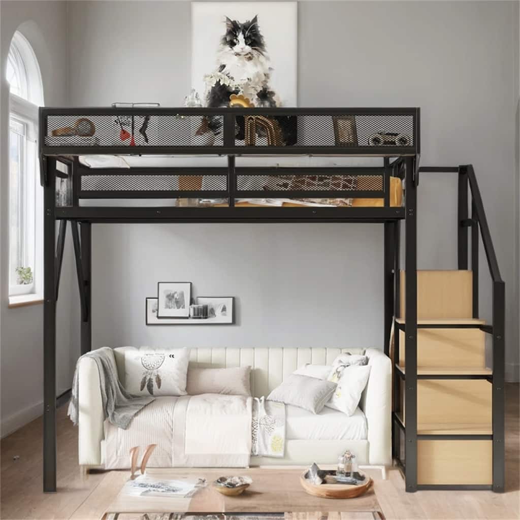 Full Size Metal Loft Bed with Stairs, Storage Shelves,Wardrobe