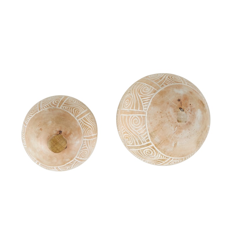 Cream Mango Wood Handmade Decorative Ball Orbs & Vase Filler with Carved Lines or Tribal Patterns (Set of 2)