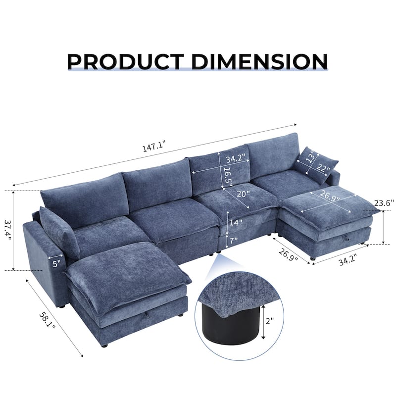 Modular Sectional Sofa for Living Room, U-Shaped Sofa Couch with Corduroy Fabric, 3/4 Seat Oversized Couch with Movable Ottoman