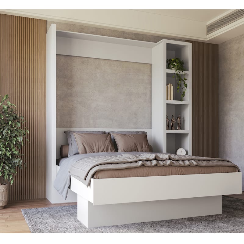 Easy-Lift Queen Murphy Wall Bed with Bookshelf - White