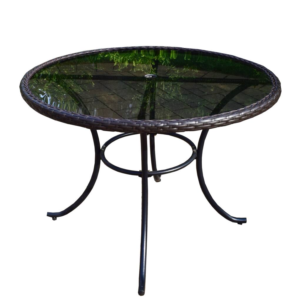Round Brown Wicker Outdoor Patio Glass Table