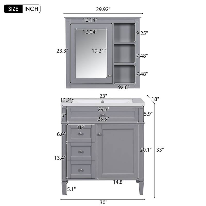 Plywood Freestanding Bathroom Vanity Set in Maple with Mirror Cabinet - 30" x 18"
