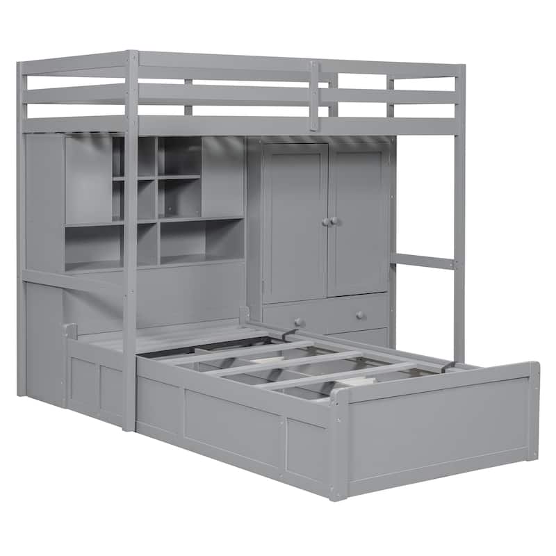 L-shaped Bunk Bed Twin Over Twin with Side Wardrobe and Under Drawers, Down Hydraulic Bed with Storage Shelves for Bedroom