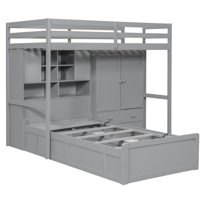 Roomfitters Twin Bunk Bed with Hydraulic Lift, Wardrobe, Storage Shelves and Drawers,