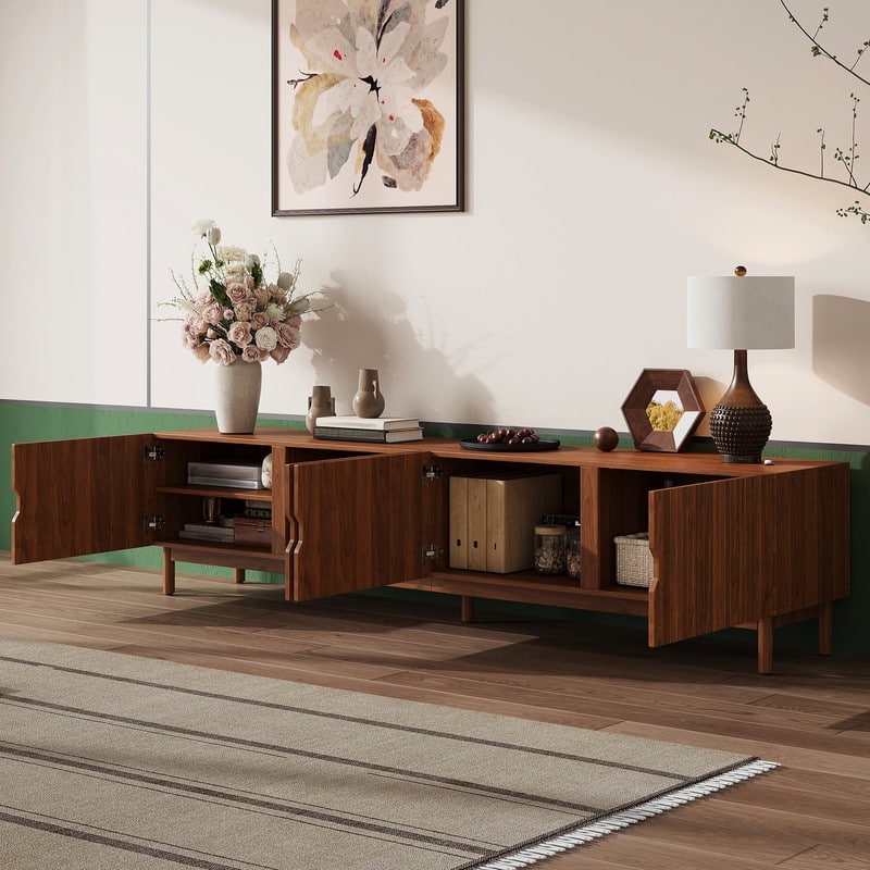 87" TV Stand for TVs up to 90", Fluted Media Console Entertainment Center with Cabinets and Solid Wood Legs