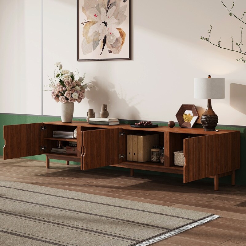 87" TV Stand for TVs up to 90", Fluted Media Console Entertainment Center with Cabinets and Solid Wood Legs