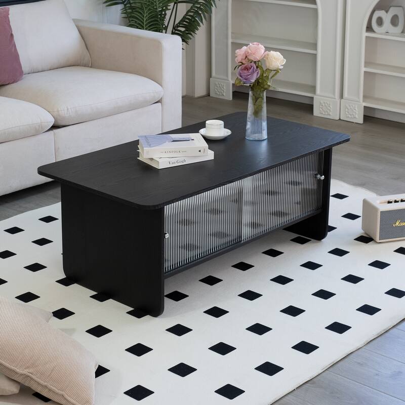 47" Rectangular Modern Minimalist Coffee Table With Glass Sliding Door Storage Center, Suitable For Living Room, Bedroom