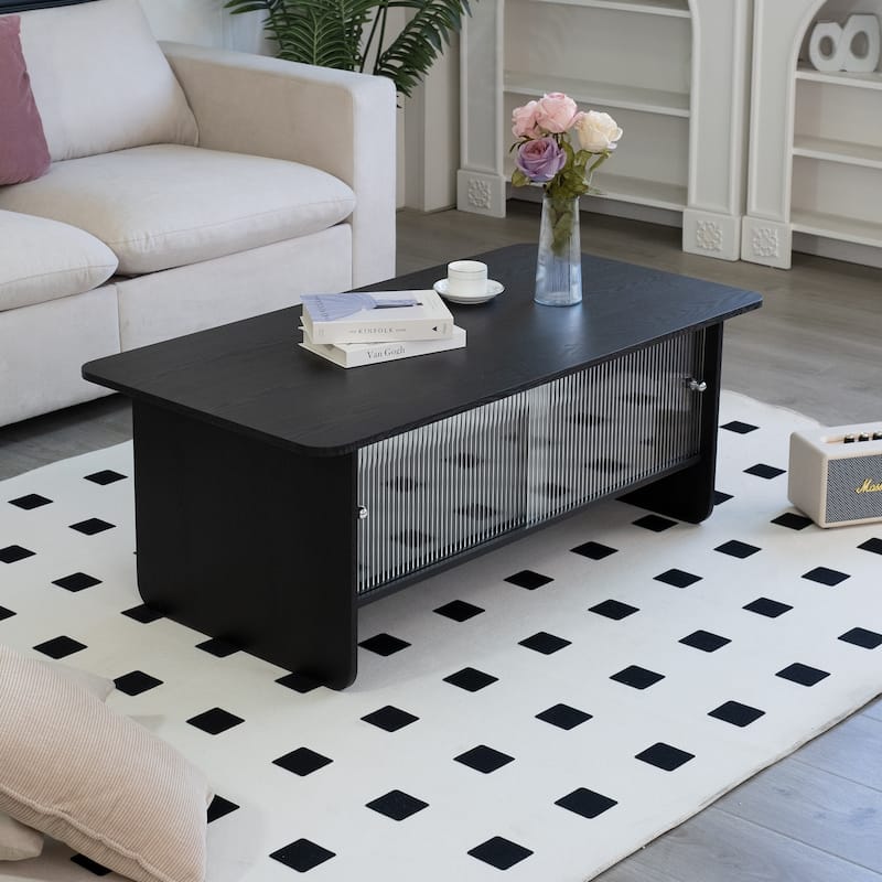 47" Stylish Coffee Table 2-Tier Center Tables with Storage, Large Living Room Table Rectangular Wood Tea Tables with Glass Door