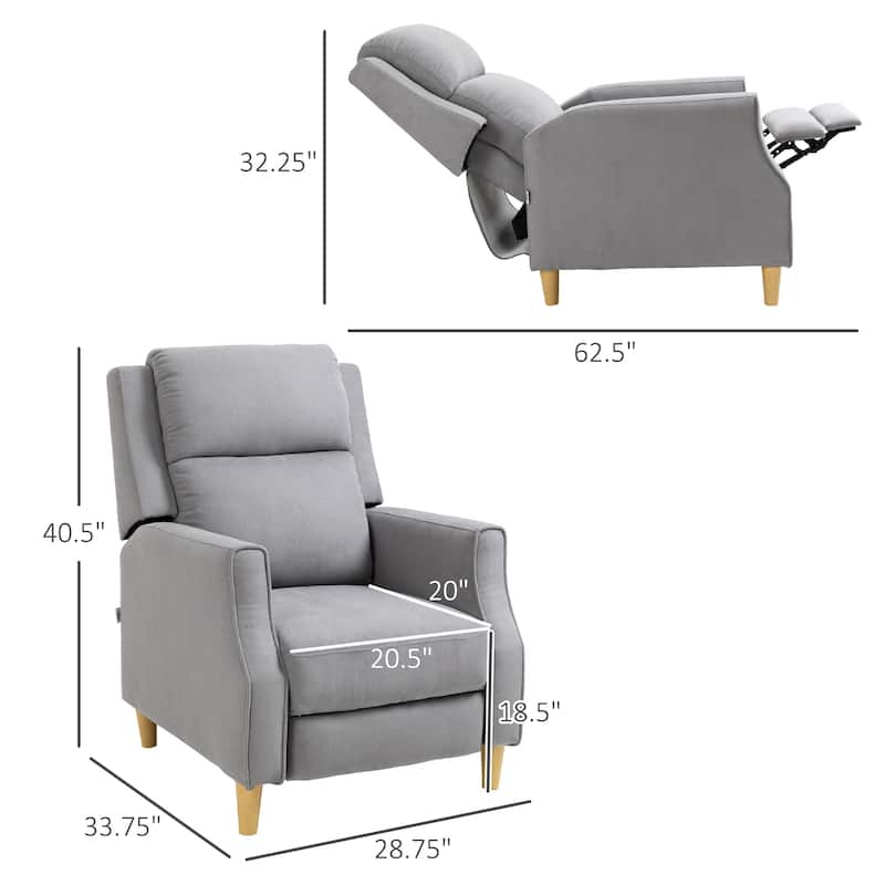 HOMCOM Fabric Recliner Chair, Modern Push Back Reclining Chair, Overstuffed Seating with Footrest, Solid Wood Legs, Gray