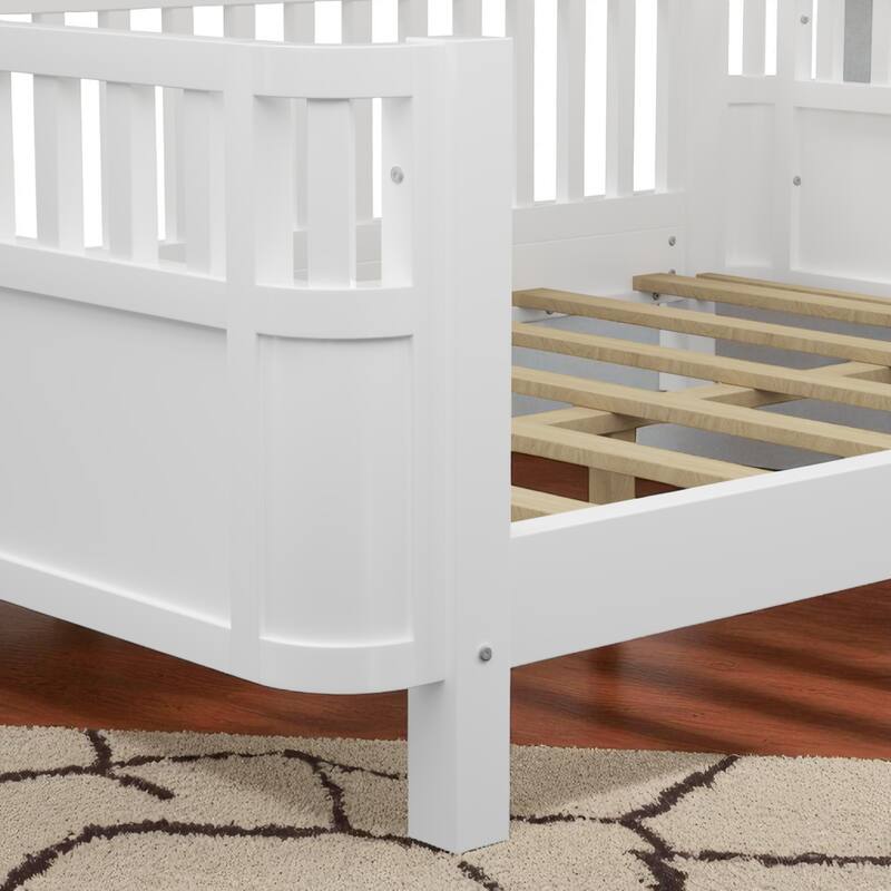 Twin/Full Size White Wood Platform Bed for Kids with Guardrails, Low Profile Toddler Bed Frame for Boys and Girls