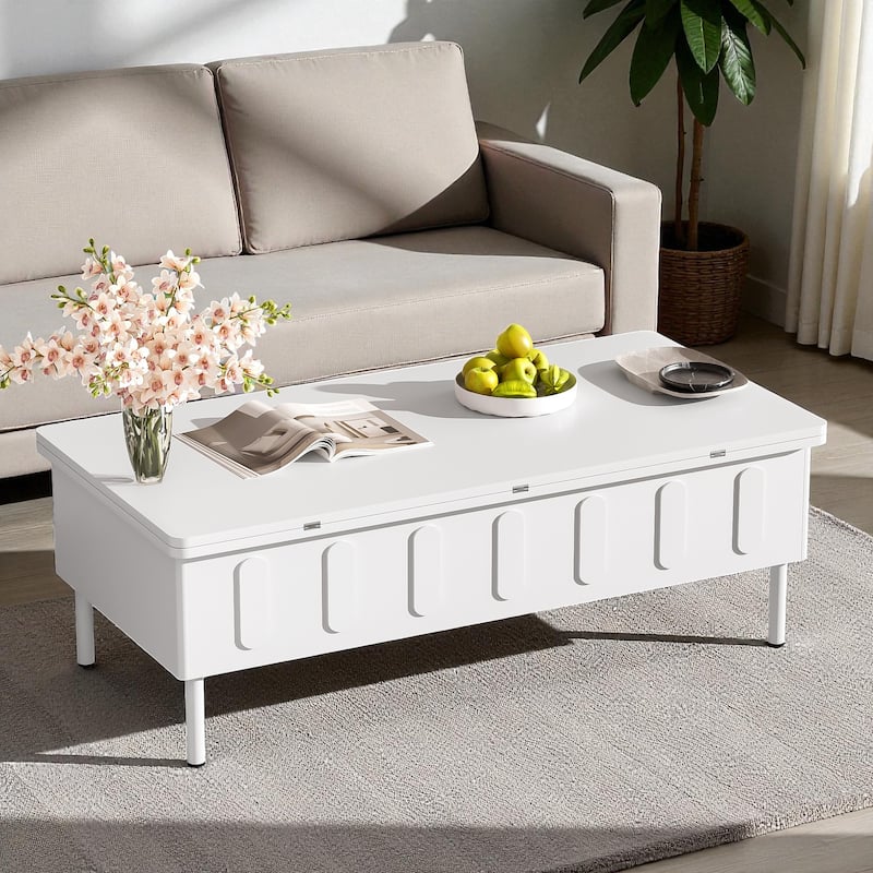 Lift-Top Coffee Table with Hidden Storage and Drawers, Foldable Adjustable Center Table for Living Room, Modern MDF Design - White