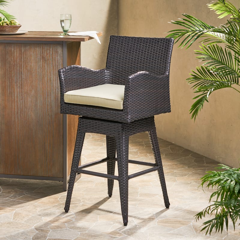 Fairfax Outdoor Wicker Swivel Armed Cushion Barstool by Christopher Knight Home - Brown