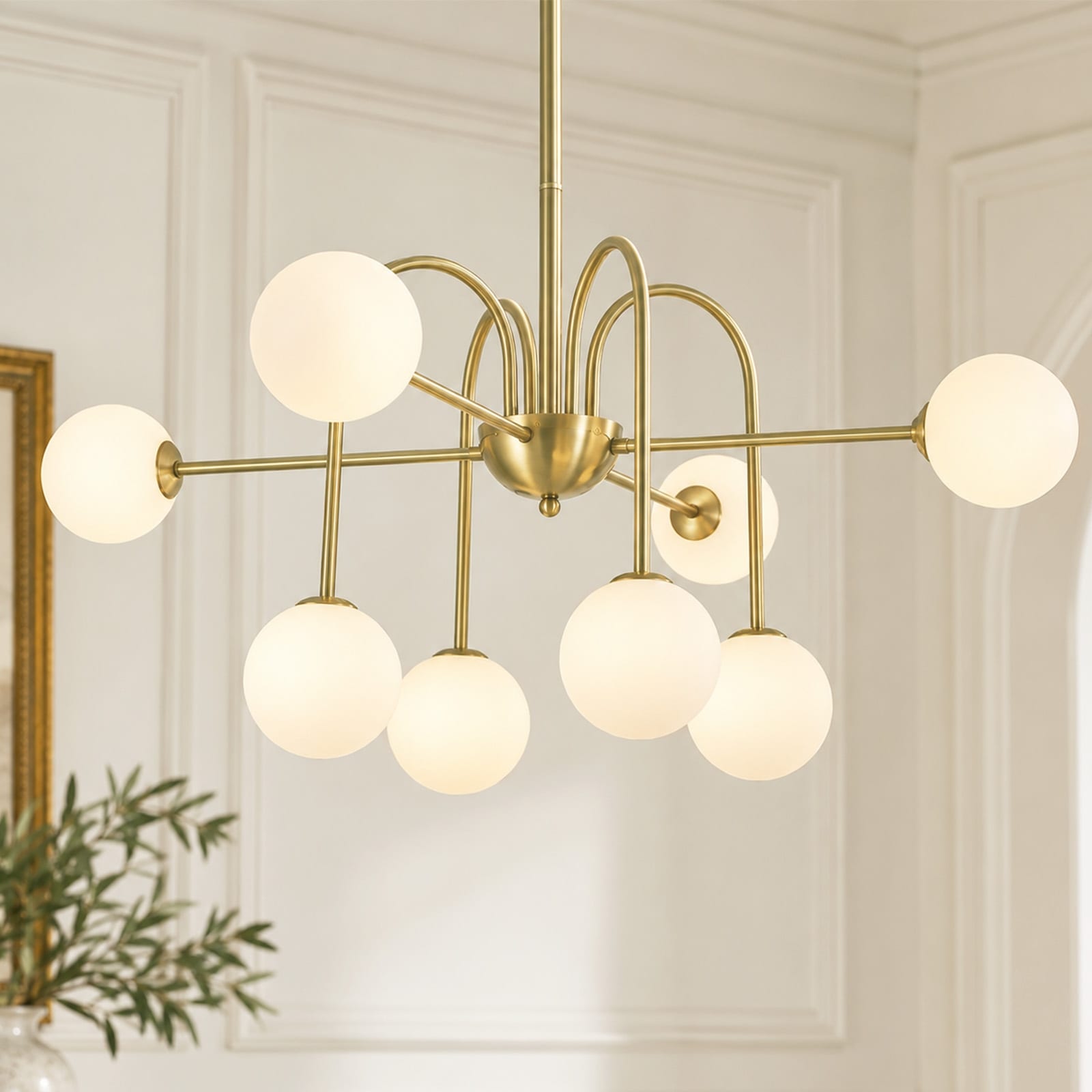8-Light Mid-Century Modern Brass Finish Sputnik Adjustable Chandelier with Milk White Glass Globe Shades for Living Room