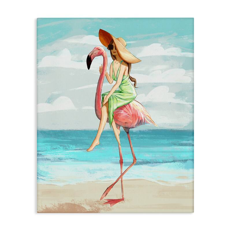 Stupell Beach Woman Riding Pink Flamingo Tall Tropical Bird Canvas Wall Art - Green - 16 x 20