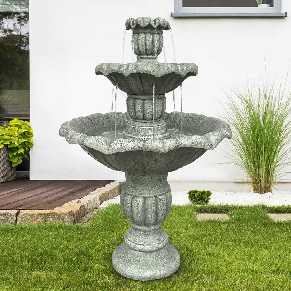 SunJet 39.3"H 3-Tier Concrete Outdoor Floor Standing Garden Fountain - 39.3'' H X 26.3'' W X 26.3'' D