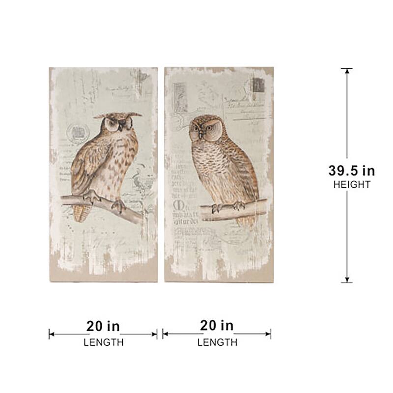 Set of 2 Lilith Owl Prints with Distressed Look, Rectangle Animal Hanging Wall Art 39.5x20"