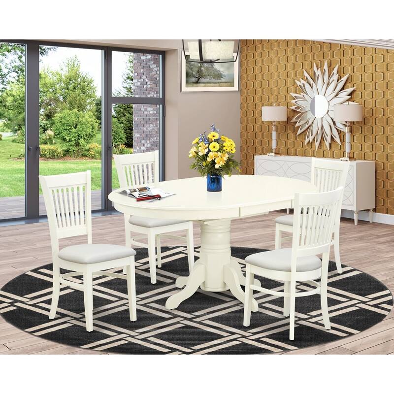 Mid Century Dining Set 5Pc - Dining Room Table & 4 Chairs - Linen Fabric Seat - Old World Charm